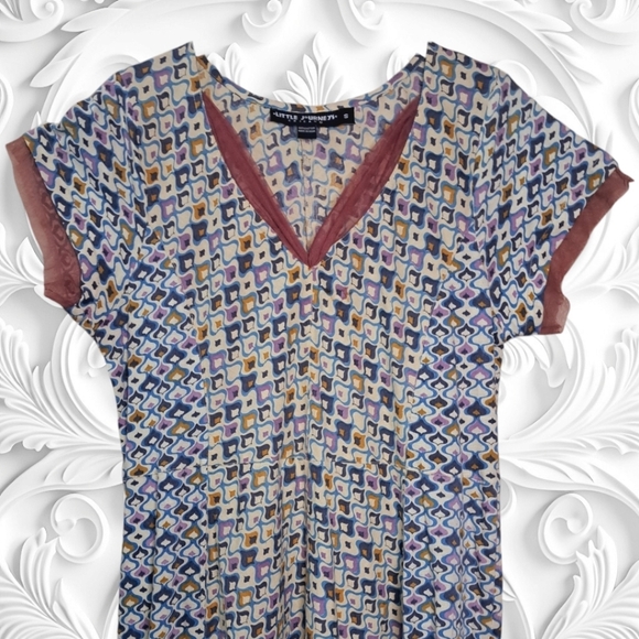 Little Journeys Chicago White Midi Dress With Purple Green Geometric Designs - Picture 2 of 5